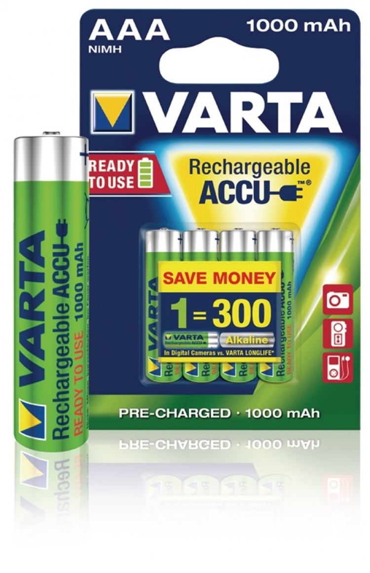 Varta Oplaadbare NiMH-Batterij AAA | 1.2 V DC | 1000 mAh | Voorgeladen | 4-Blisterkaart Varta Oplaadbare NiMH-Batterij AAA | 1.2 V DC | 1000 mAh | Voorgeladen | 4-Blisterkaart