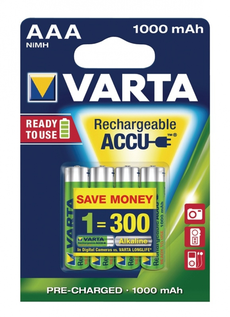 Varta Oplaadbare NiMH-Batterij AAA | 1.2 V DC | 1000 mAh | Voorgeladen | 4-Blisterkaart Varta Oplaadbare NiMH-Batterij AAA | 1.2 V DC | 1000 mAh | Voorgeladen | 4-Blisterkaart