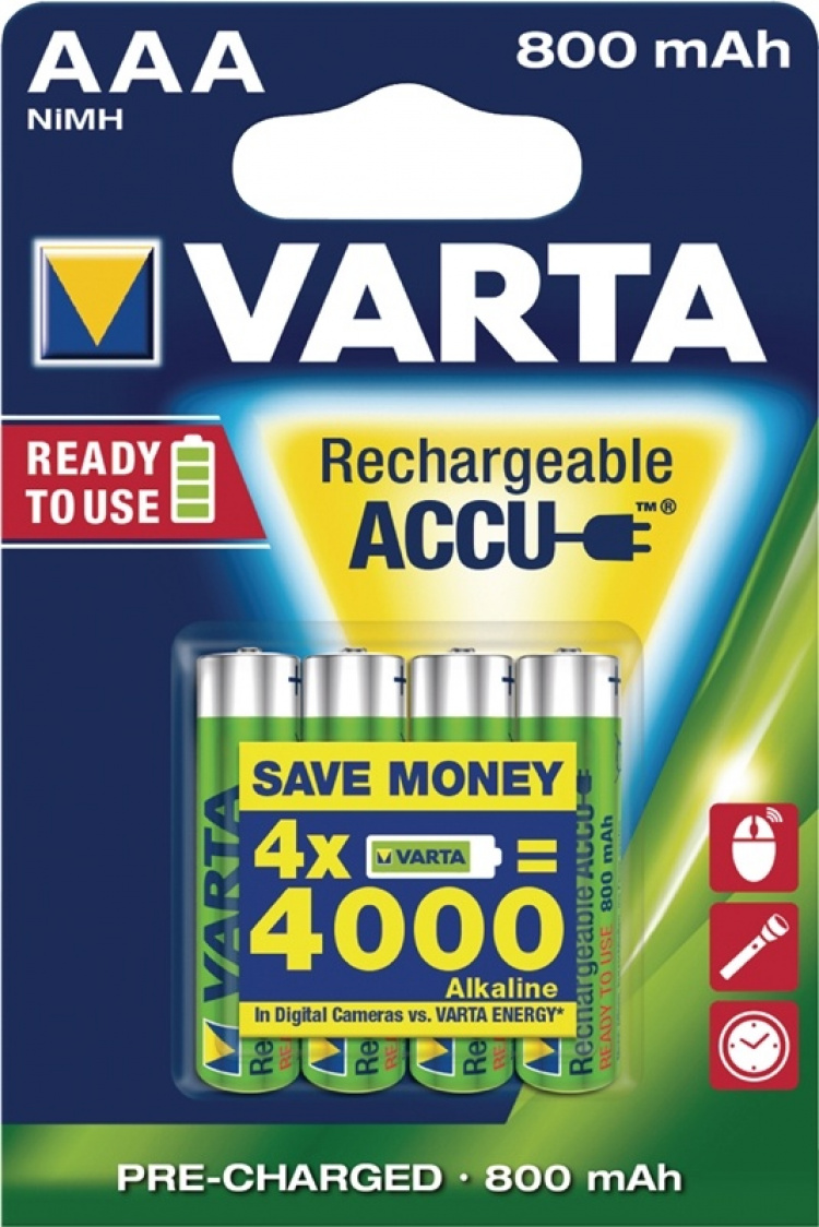 Varta Oplaadbare NiMH-Batterij AAA | 1.2 V DC | 800 mAh | Voorgeladen | 4-Blisterkaart Varta Oplaadbare NiMH-Batterij AAA | 1.2 V DC | 800 mAh | Voorgeladen | 4-Blisterkaart