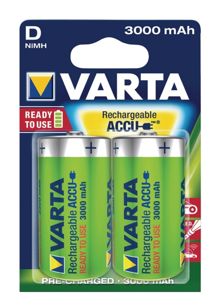 Varta Oplaadbare NiMH-Batterij D | 1.2 V DC | 3000 mAh | Voorgeladen | 2-Blister | HR20 | Geel / Groen Varta Oplaadbare NiMH-Batterij D | 1.2 V DC | 3000 mAh | Voorgeladen | 2-Blister | HR20 | Geel / Groen