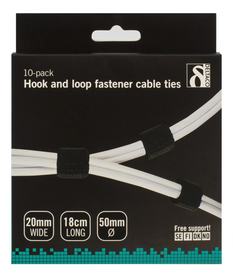 DELTACO Hook and loop fastener cable, 20mm width, 18cm, 10-pack, black