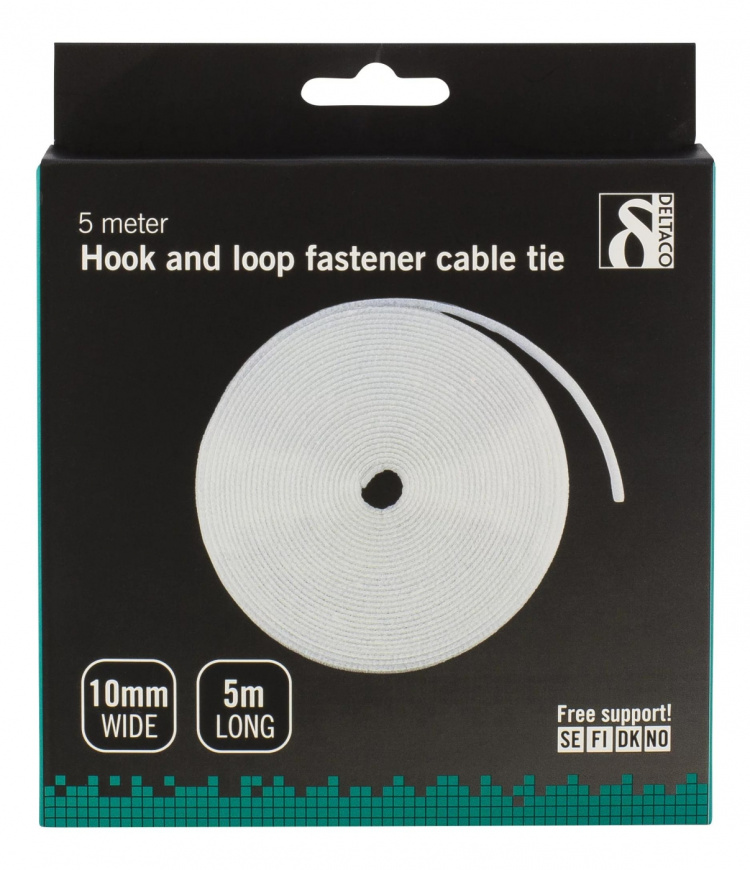DELTACO Hook and loop fastener cable ties, width 10mm, 5m, white
