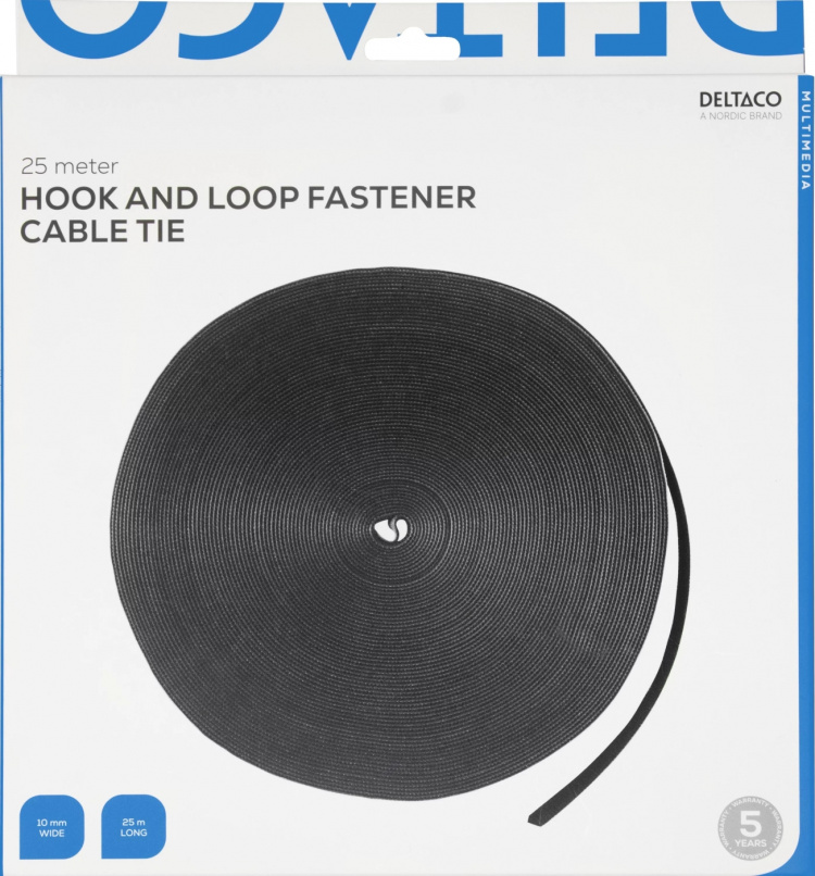 DELTACO Hook and loop fastener cable ties, width 10mm, 25m, black