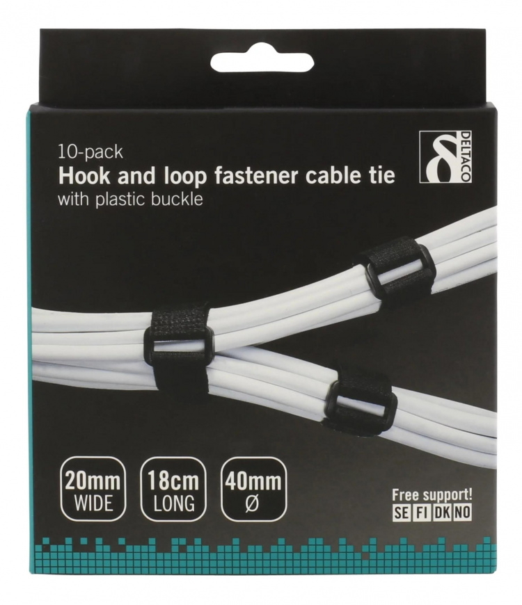 DELTACO Hook and loop fastener cable ties, 20x180mm, 10-pack, black