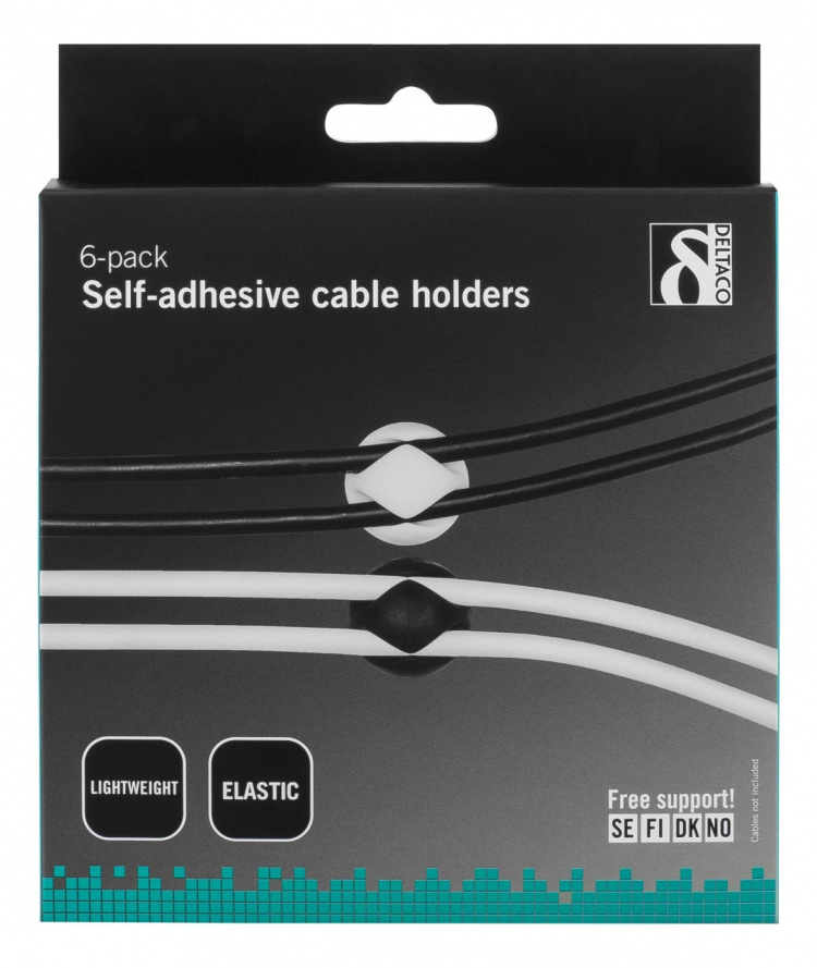 DELTACO self adhesive cable holder in rubber, 6-pack, black/white/gray