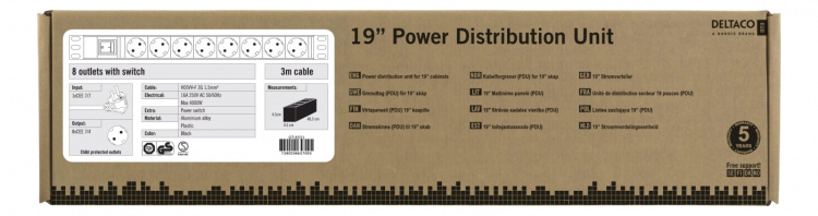 DELTACO Grenuttag, 8xCEE 7/4, 1xCEE 7/7, brytare, 3m kabel, svart