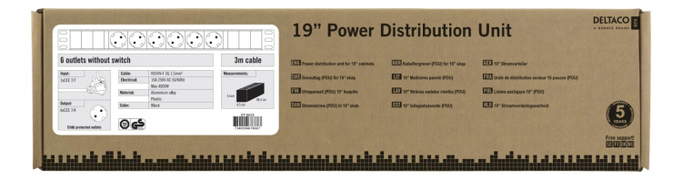 DELTACO contactdoos met 6xCEE 7/4 aansluiting, 1xCEE 7/7, afdekbeveiliging, zwart