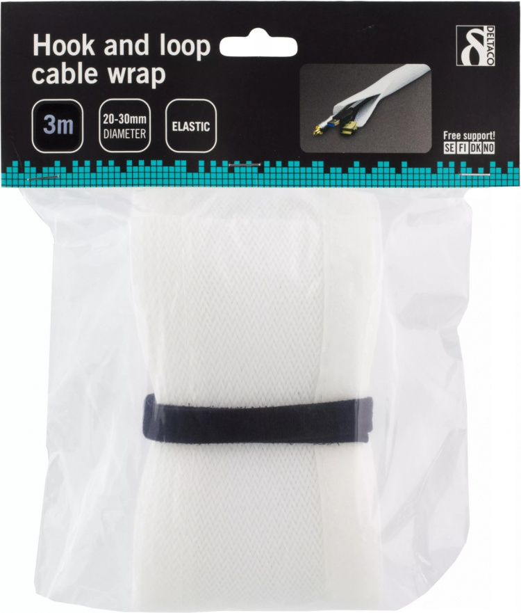DELTACO nylon cable wrap, hook and loop fastener, 3m, white DELTACO nylon cable wrap, hook and loop fastener, 3m, white