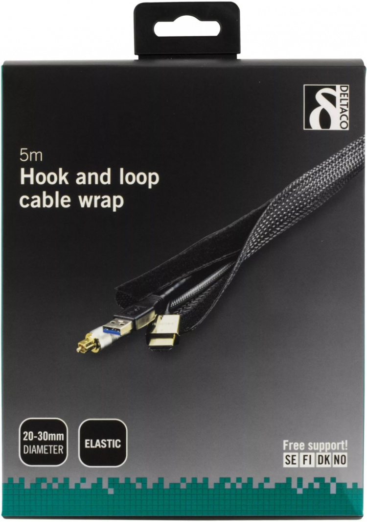 DELTACO nylon cable wrap, hook and loop fastener, 5m, black DELTACO nylon cable wrap, hook and loop fastener, 5m, black