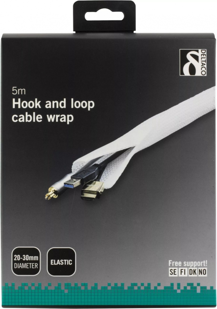 DELTACO nylon cable wrap, hook and loop fastener, 5m, white