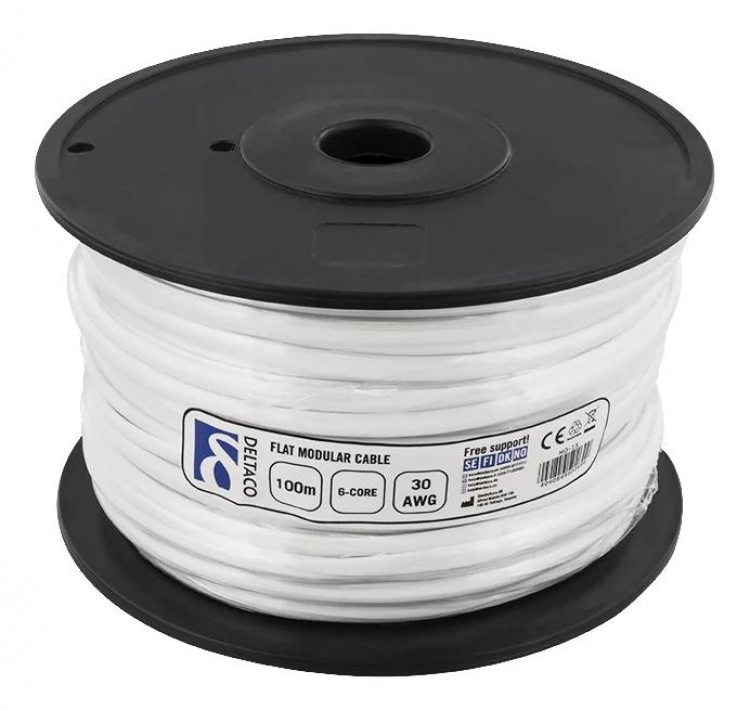 DELTACO Modularkabel, 6P, rulle, 100m, vit DELTACO Modularkabel, 6P, rulle, 100m, vit
