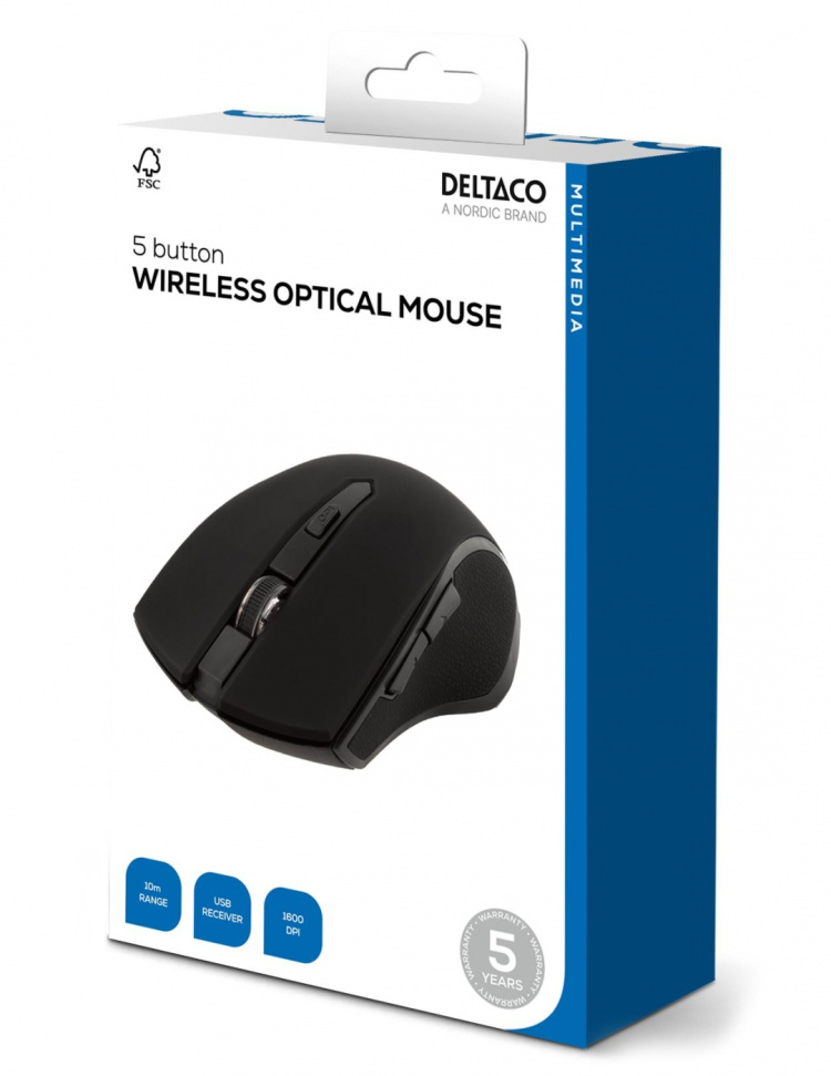 DELTACO wireless optical mouse, 5 buttons + scroll, 1600 DPI, USB, bla DELTACO wireless optical mouse, 5 buttons + scroll, 1600 DPI, USB, bla