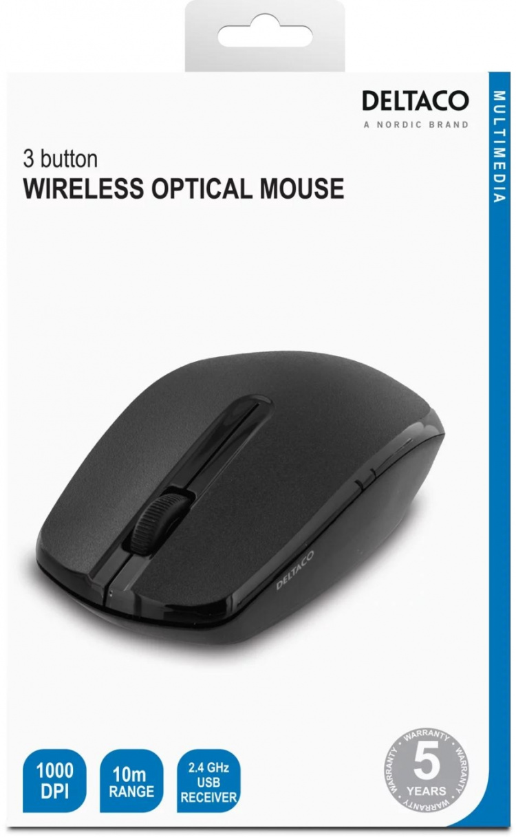 DELTACO trådlös optisk mus, 2 knappar och scroll, 1000 DPI, USB, sva