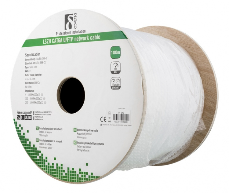 DELTACO U/FTP Cat6a installation cable, 100m, 500MHz, LSZH, white