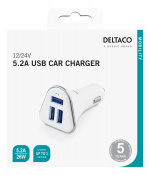 DELTACO car charger, 5,2 A, 3x USB-A, 12-24 V DC input, white/silver DELTACO car charger, 5,2 A, 3x USB-A, 12-24 V DC input, white/silver