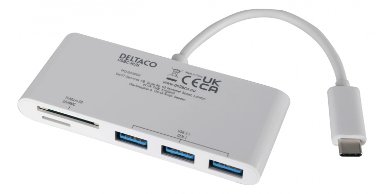 DELTACO USB 3.1 Gen 1 hub, USB-C, 3USB A, SD/microSD reader, white
