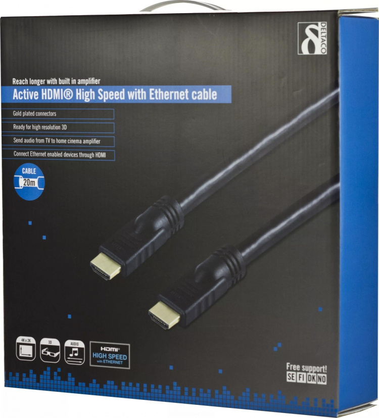 DELTACO active HDMI cable, HDMI High Speed with Ethernet, 20m, black DELTACO active HDMI cable, HDMI High Speed with Ethernet, 20m, black