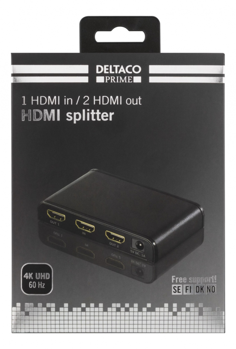 DELTACO PRIME HDMI splitter, 1 in, 2 out, HDMI 2.0, 4K, UHD, 3D, black