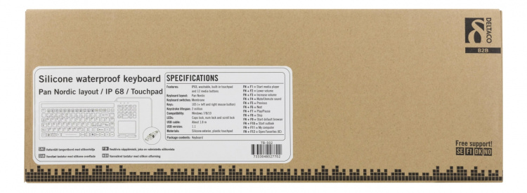 DELTACO rubberized keyboard with touchpad, IP68, 104 keys, black