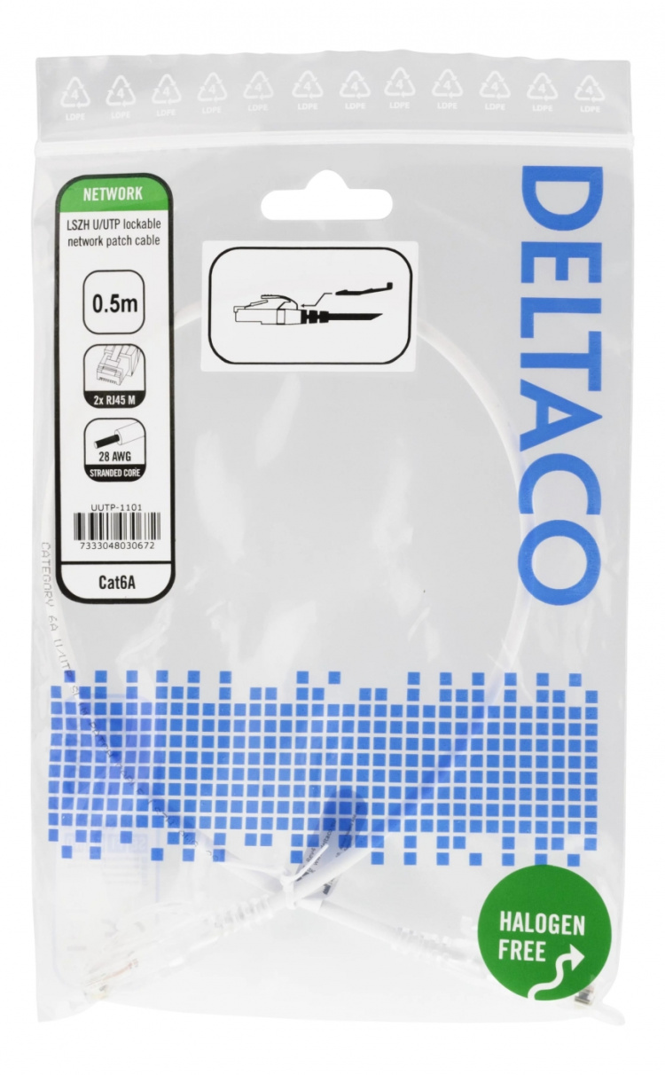 DELTACO U/UTP Cat6A patch cable, 0.5m, 500MHz, lockable, white DELTACO U/UTP Cat6A patch cable, 0.5m, 500MHz, lockable, white