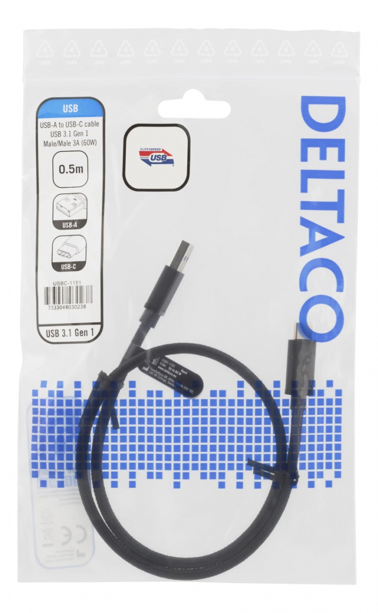DELTACO USB 3.1 Gen1 braided USB-A - USB-C cable, 0.5m, 60W 3A, black