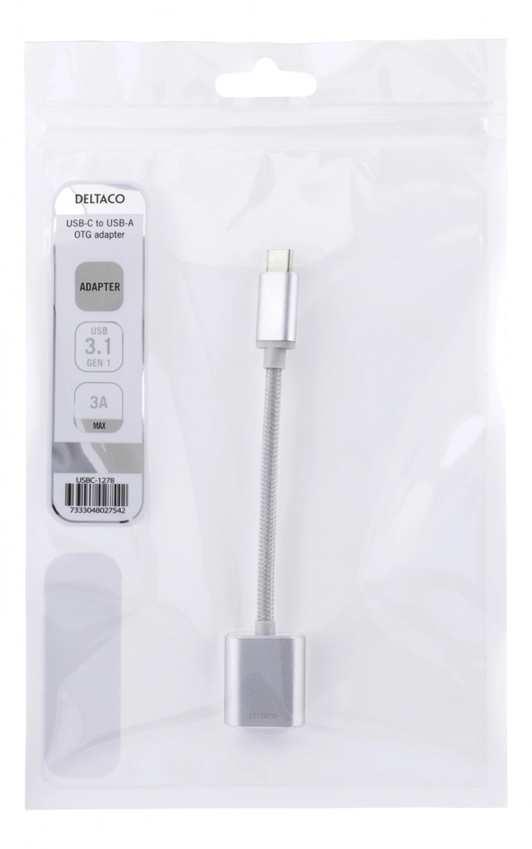 DELTACO USB-C 3.1 Gen 1 to USB-A OTG adapter, alu, white bag, silver DELTACO USB-C 3.1 Gen 1 to USB-A OTG adapter, alu, white bag, silver