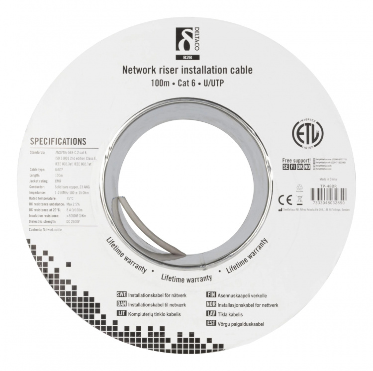 DELTACO U/UTP Cat6 installation riser cable, 100m reel, 250MHz, Delta