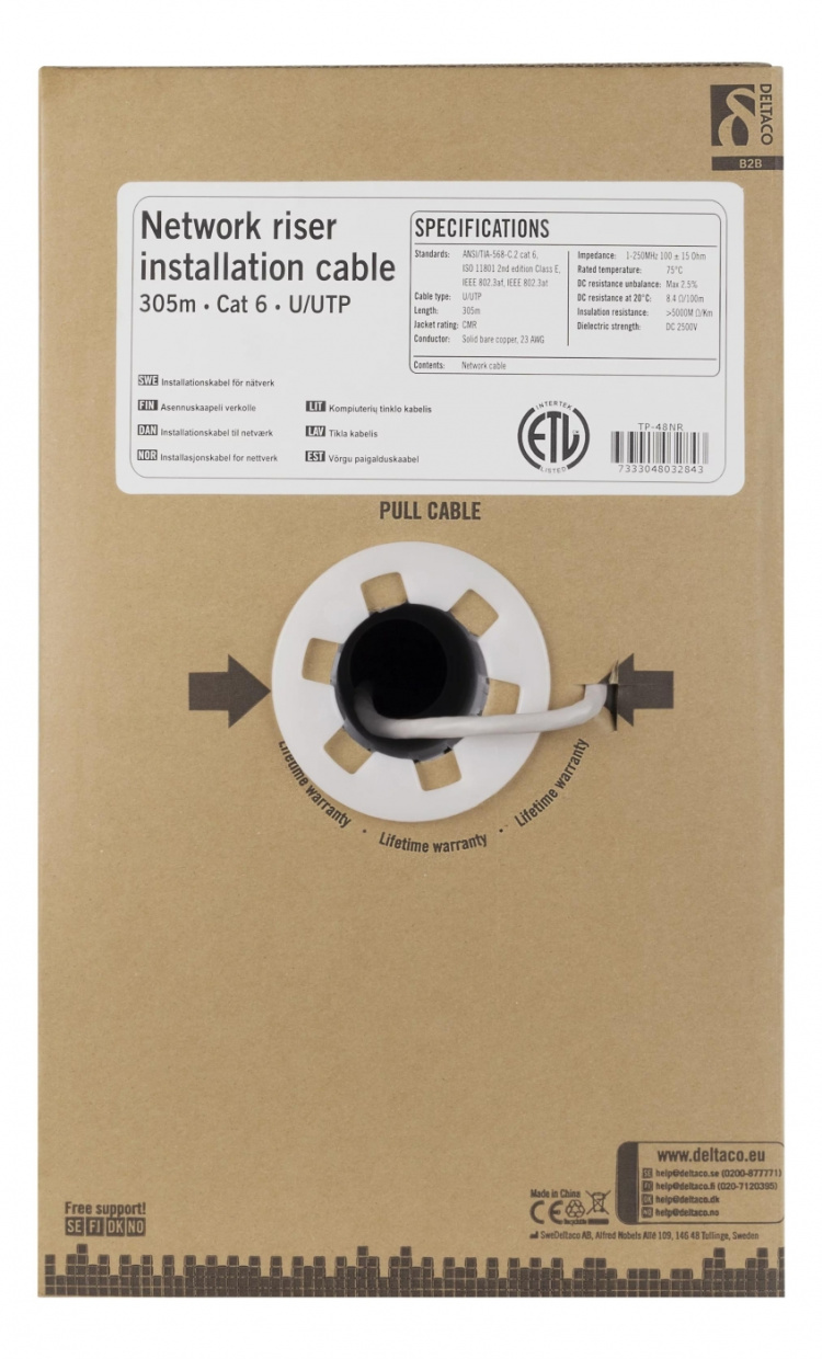 DELTACO U/UTP Cat6 installation riser cable, 305m box, 250MHz, Delta c DELTACO U/UTP Cat6 installation riser cable, 305m box, 250MHz, Delta c
