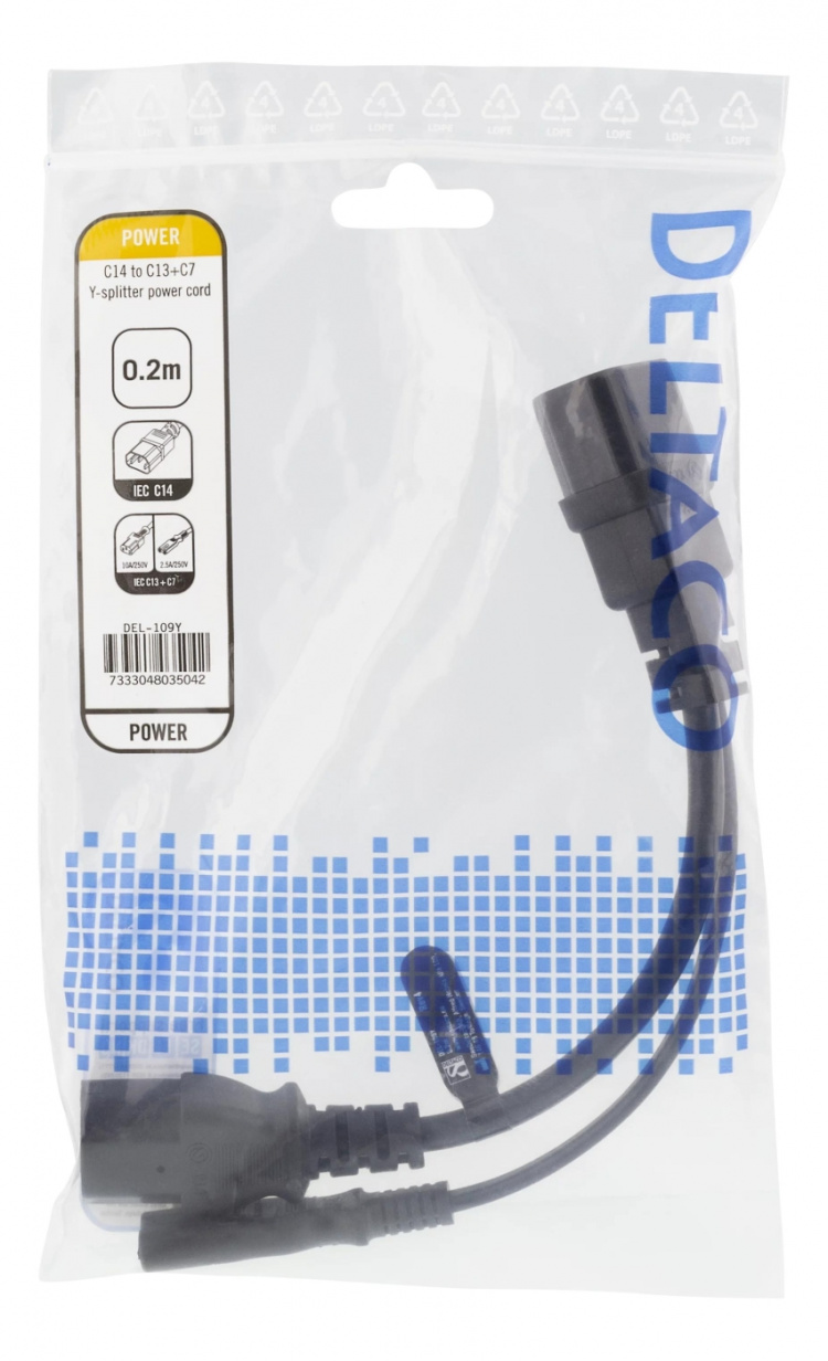 DELTACO Y-Splitter power cord C14 to C13+C7, 0,2m, black DELTACO Y-Splitter power cord C14 to C13+C7, 0,2m, black