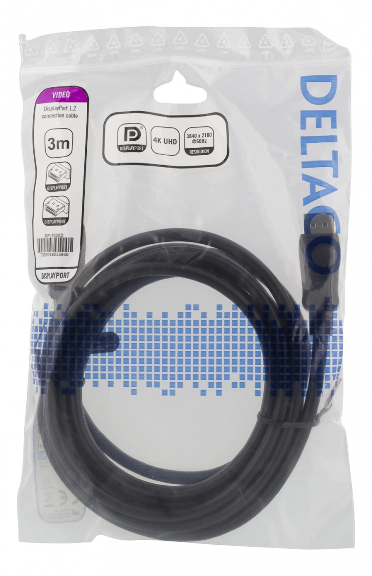 DELTACO DisplayPort cable, 3m, 4K UHD, DP 1.2, black