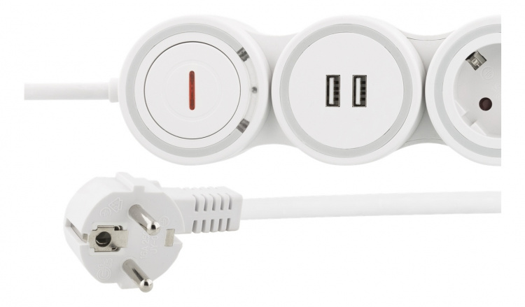 DELTACO Flexible 4-Socket Power strip, 1,4m, 16A 3500W, 2x USB-A, whit