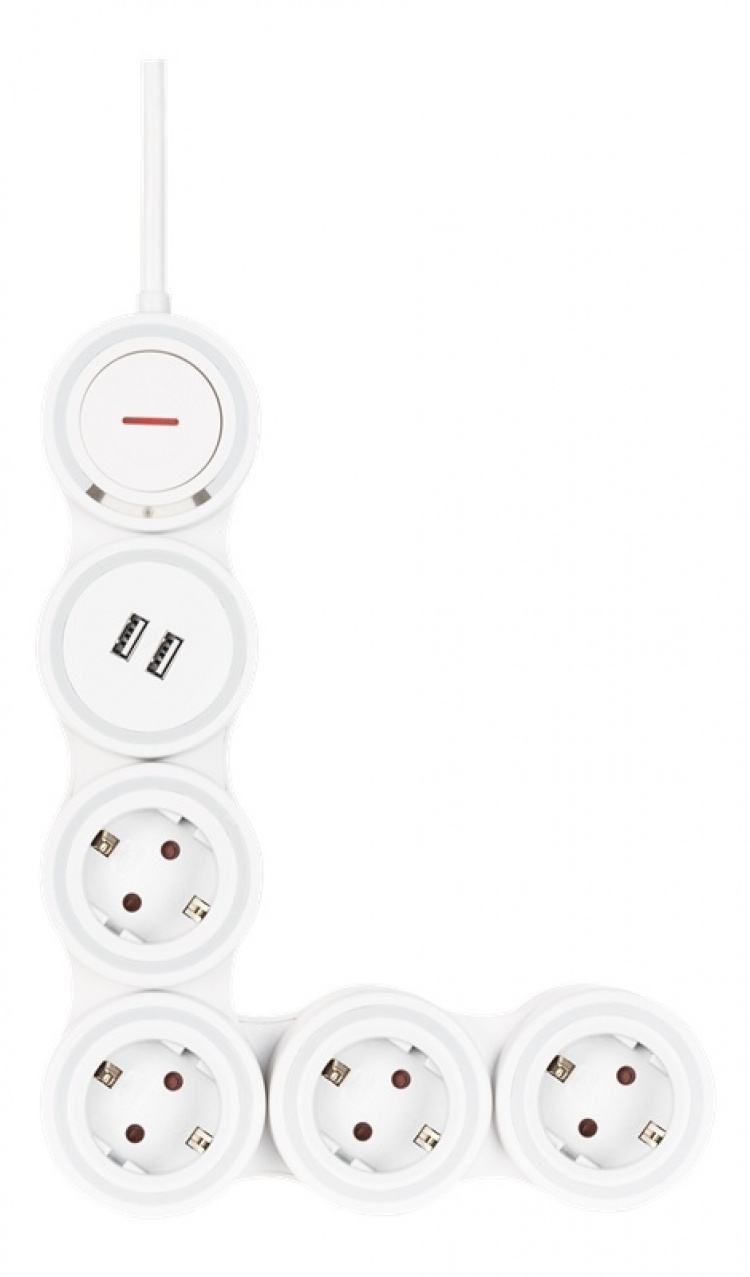 DELTACO Flexible 4-Socket Power strip, 1,4m, 16A 3500W, 2x USB-A, whit