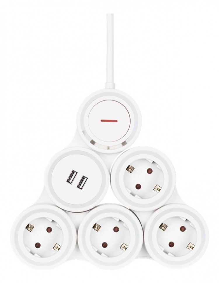 DELTACO Flexible 4-Socket Power strip, 1,4m, 16A 3500W, 2x USB-A, whit