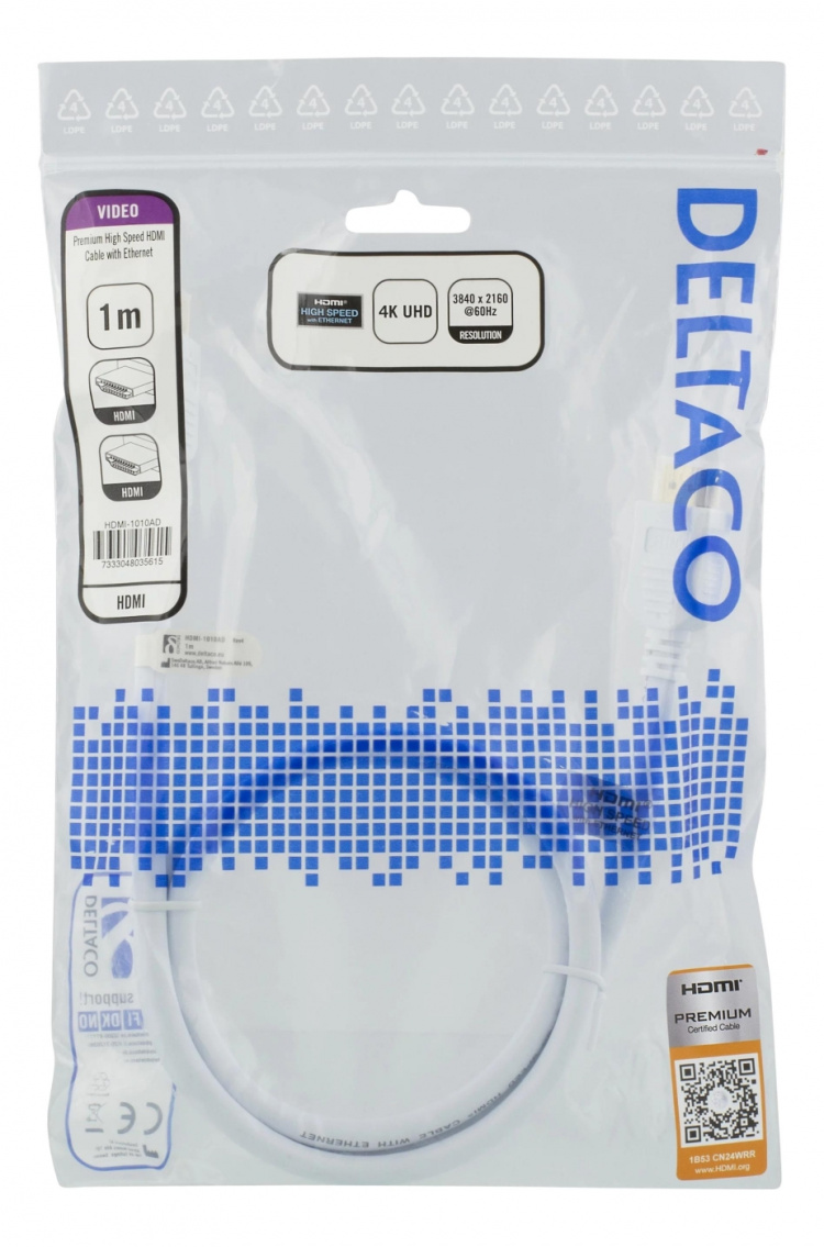 DELTACO High-Speed Premium HDMI cable, 1m, Ethernet, 4K UHD, white