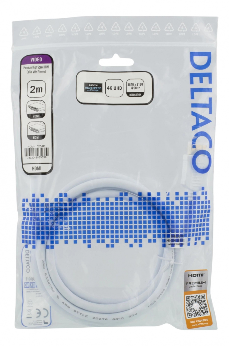 DELTACO High-Speed Premium HDMI cable, 2m, Ethernet, 4K UHD, white