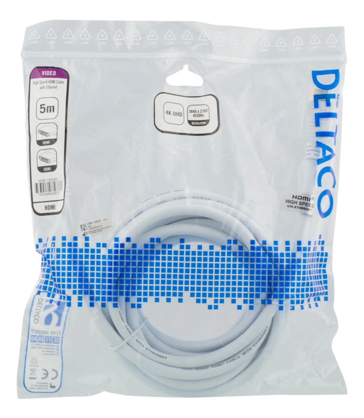 DELTACO High-Speed HDMI cable, 5m, Ethernet, 4K UHD, white