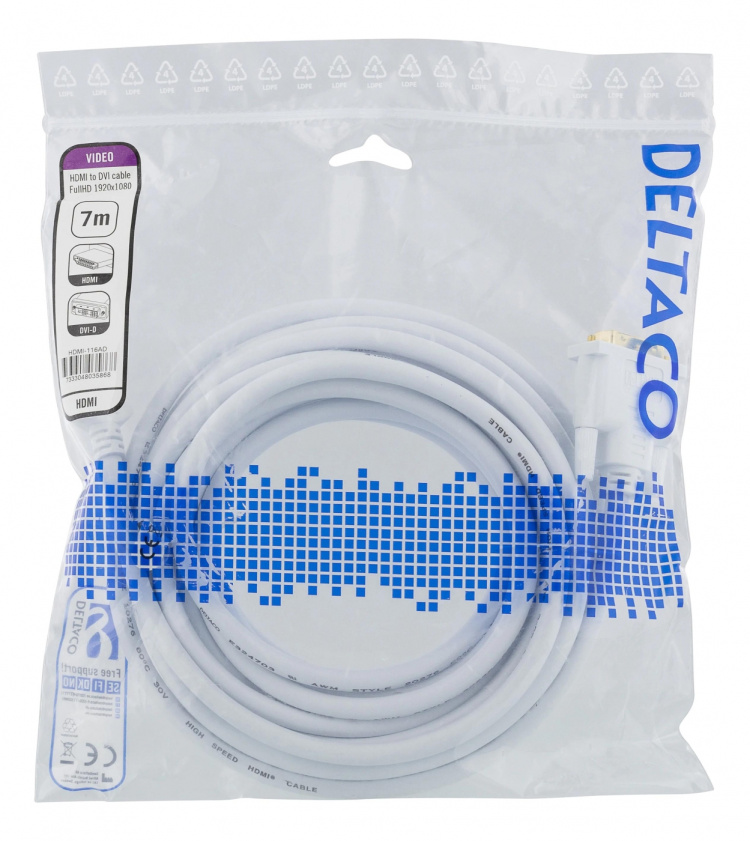 DELTACO HDMI to DVI cable, 7m, Full HD, white