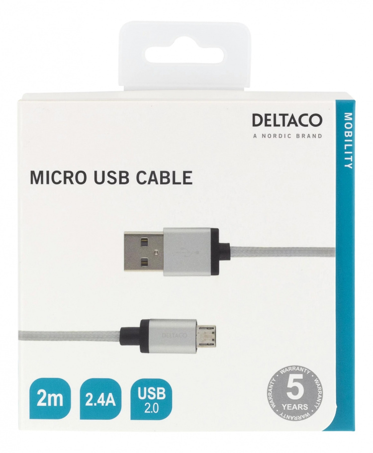 DELTACO USB cable, braided, Type A ha - Type Micro B, 2m, silver