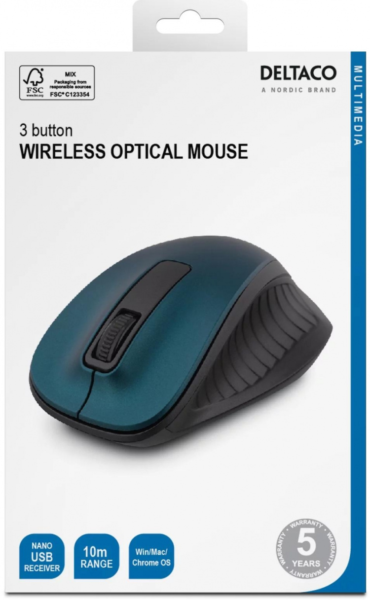 DELTACO wireless optical mouse, 1200 DPI, blue DELTACO wireless optical mouse, 1200 DPI, blue