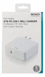 DELTACO 87W USB-C Power supply, Fast charging, USB-C PD, white