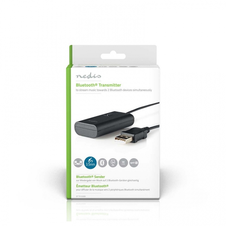Nedis Bluetooth®-Zender | Input: 1x 3,5 mm | AptX ™ Low latency / AptX™ / SBC | Maximaal 2 Apparaten | Zwart