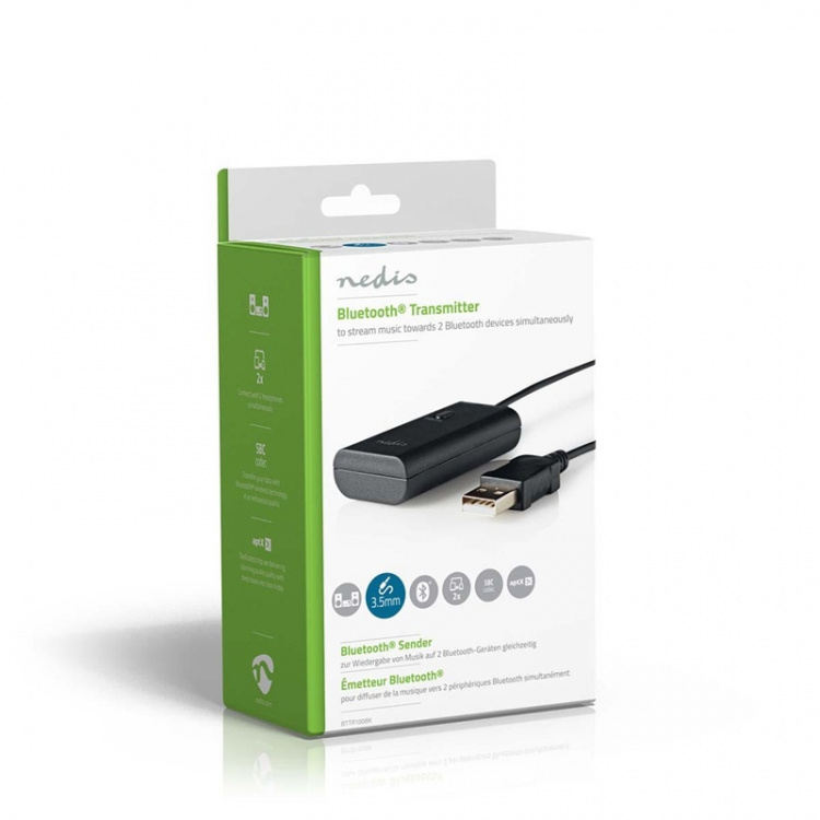 Nedis Bluetooth®-Zender | Input: 1x 3,5 mm | AptX ™ Low latency / AptX™ / SBC | Maximaal 2 Apparaten | Zwart