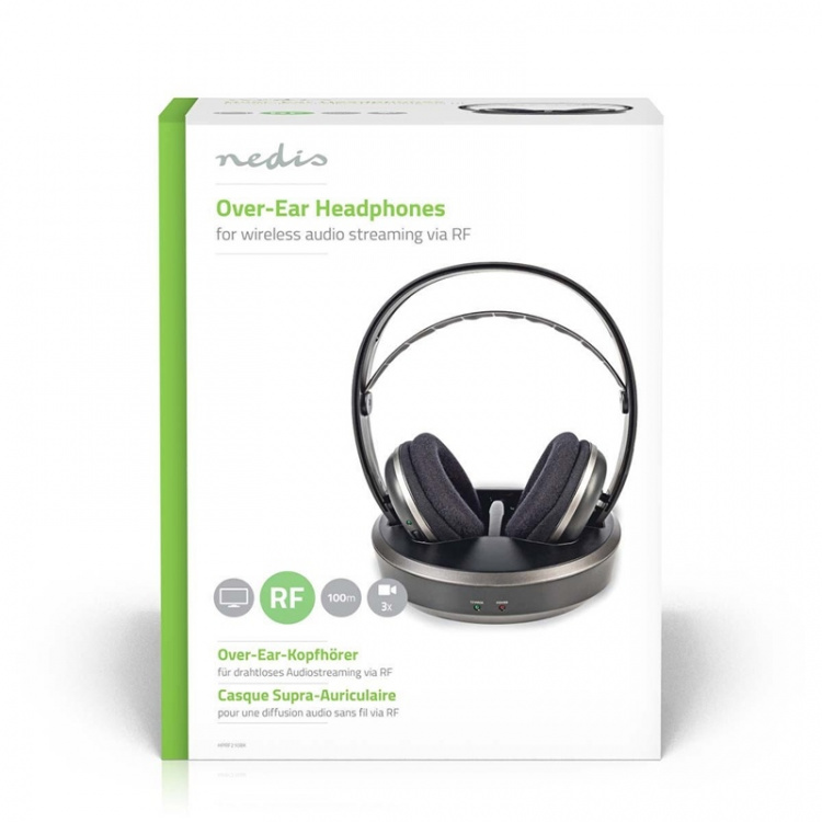Nedis Draadloze TV-Koptelefoon | RF, frequentie 868 MHz | Over-Ear | Maximale batterijduur: 11 uur | 100 m | Digitale Audio | Laadstation | Zilver / Zwart