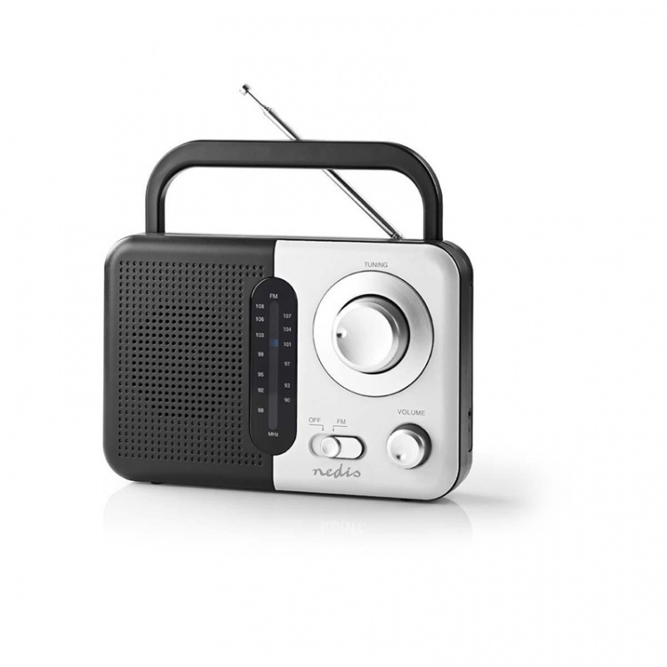 Nedis FM-Radio | Draagbaar Model | FM | Batterij Gevoed / Netvoeding | Analoog | 2.4 W | Zwart-Wit Scherm | Koptelefoonoutput | Handgreep | Wit / Zwart