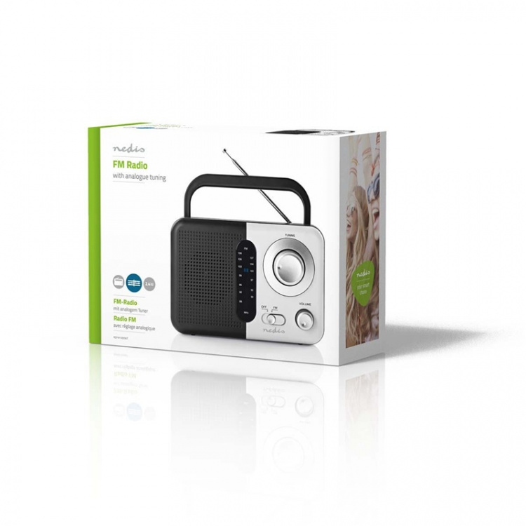 Nedis FM-Radio | Draagbaar Model | FM | Batterij Gevoed / Netvoeding | Analoog | 2.4 W | Zwart-Wit Scherm | Koptelefoonoutput | Handgreep | Wit / Zwart