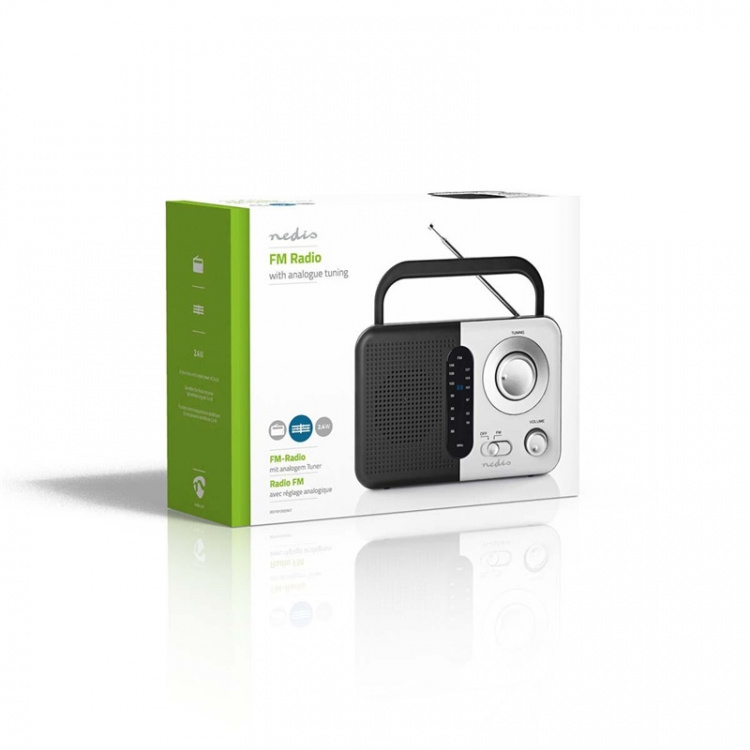 Nedis FM-Radio | Draagbaar Model | FM | Batterij Gevoed / Netvoeding | Analoog | 2.4 W | Zwart-Wit Scherm | Koptelefoonoutput | Handgreep | Wit / Zwart