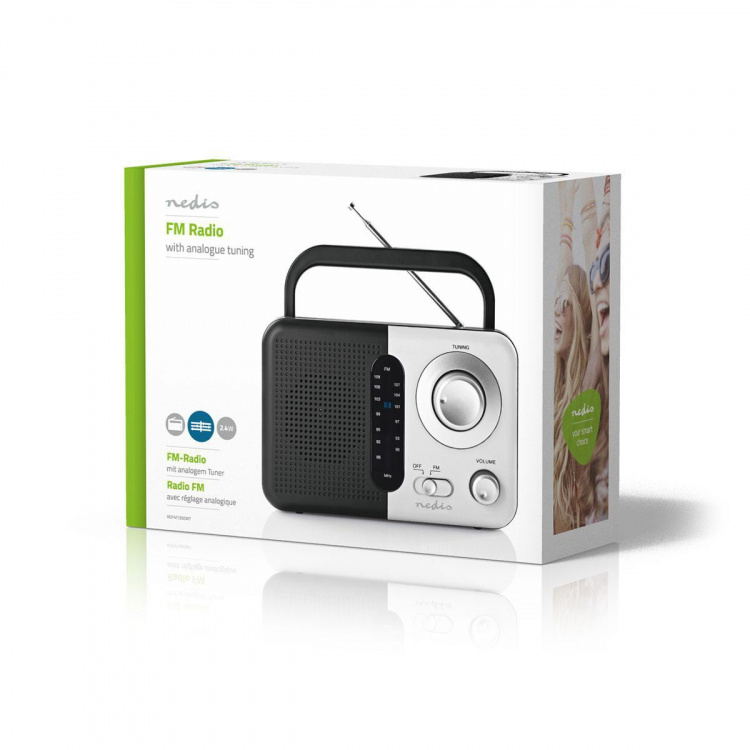 Nedis FM-Radio | Draagbaar Model | FM | Batterij Gevoed / Netvoeding | Analoog | 2.4 W | Zwart-Wit Scherm | Koptelefoonoutput | Handgreep | Wit / Zwart