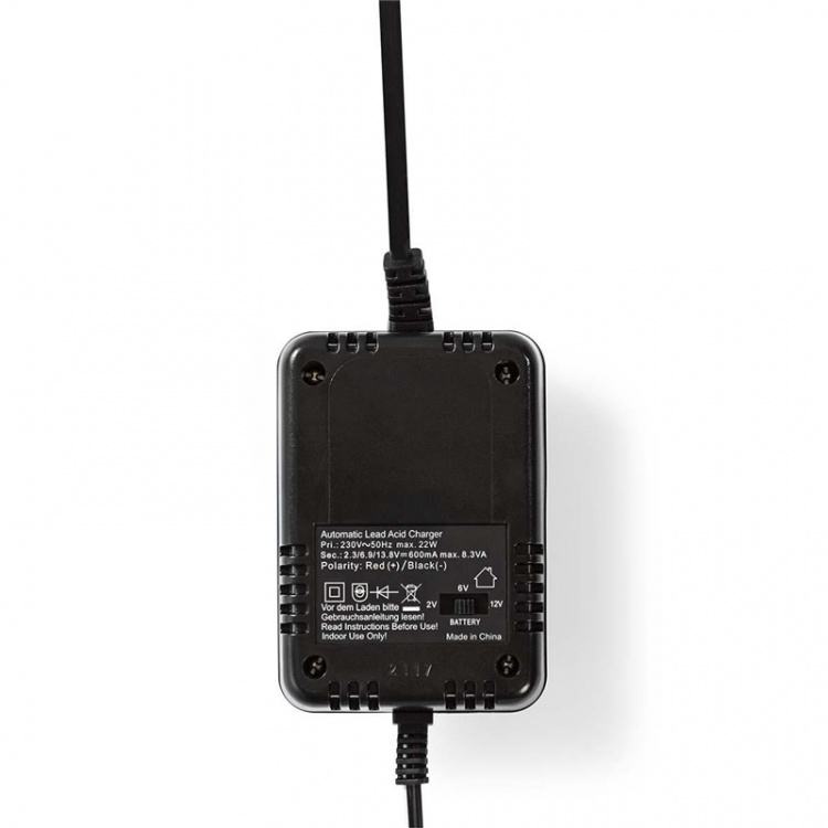 Nedis Loodzuuracculader | 2.3 / 6.9 / 13.8 V DC | 0.6 A | Druppelladen | Type C (CEE 7/16) | Accuklemmen | Batterijtype: AGM / Gel / Loodzwavel / SLA / VRLA | Zwart