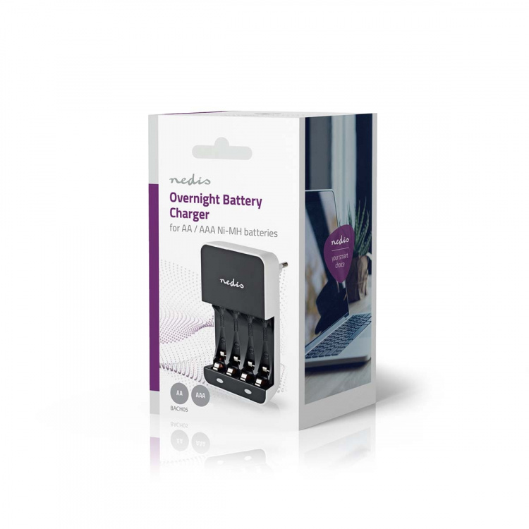 Nedis NiMH-Batterijlader AA / AAA | 1.2 V DC | Druppelladen | Type C (CEE 7/16) | Batterijtype: AA / AAA | Wit / Zwart Nedis NiMH-Batterijlader AA / AAA | 1.2 V DC | Druppelladen | Type C (CEE 7/16) | Batterijtype: AA / AAA | Wit / Zwart