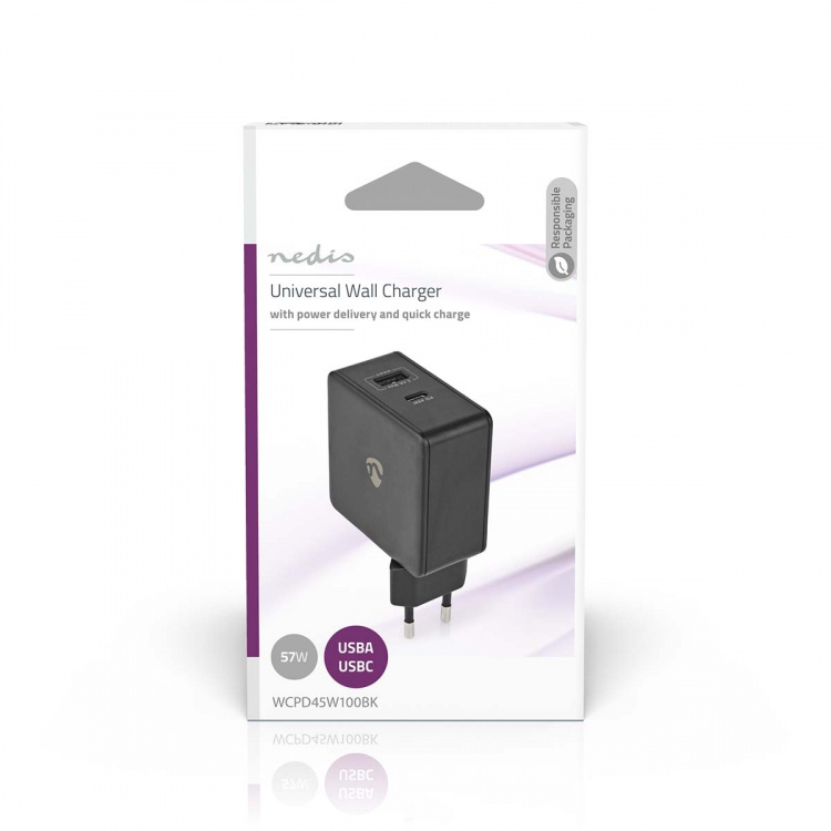 Nedis Oplader | 57 W | PD3.0 45W | Snellaad functie | 2.25 / 2.4 / 3.0 A | Outputs: 2 | USB-A / USB-C™ | Geen Kabel Inbegrepen | Automatische Voltage Selectie | Zwart